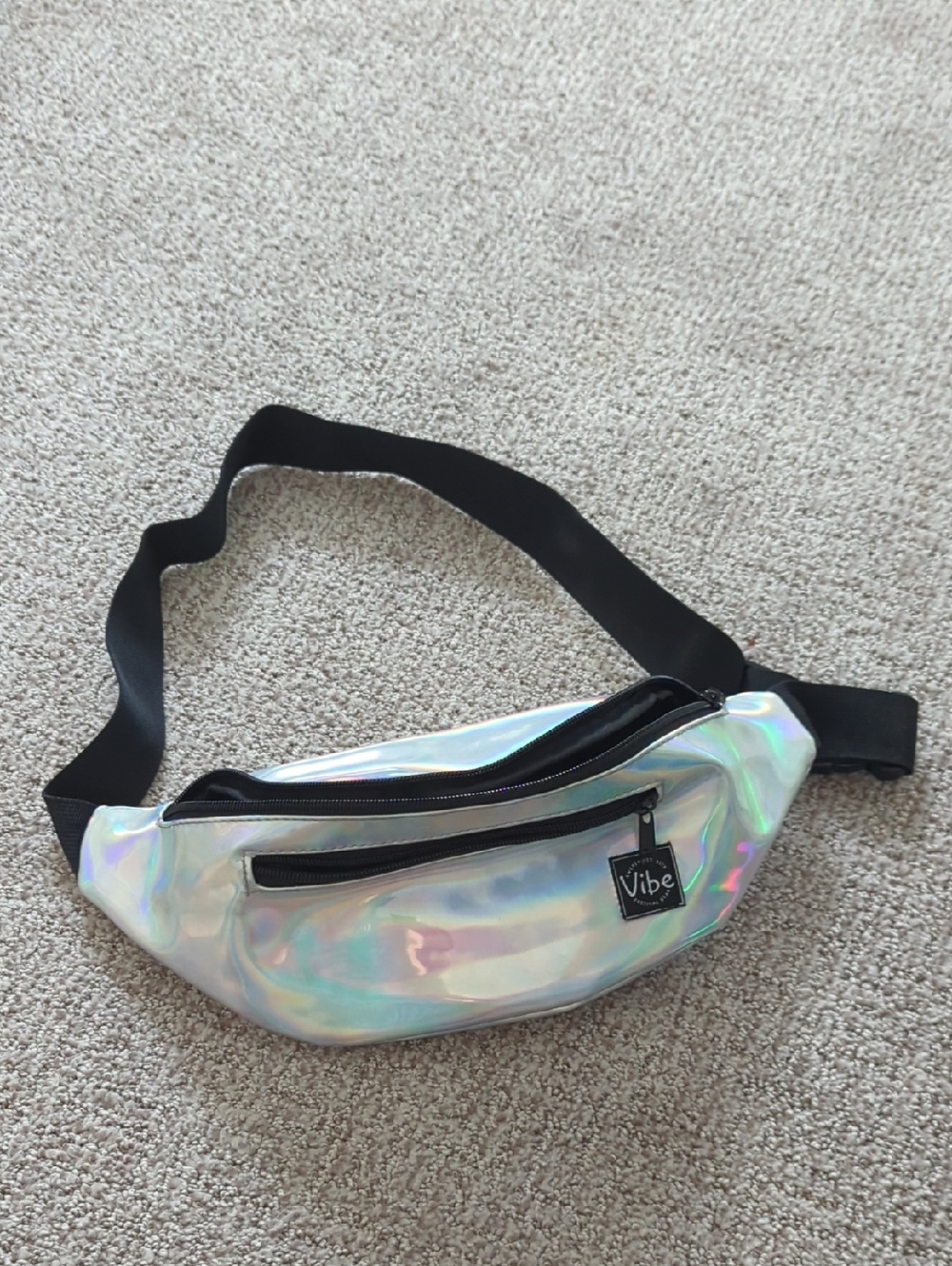 Vibe Iridescent Holographic Silver Fanny Pack with Black Strap